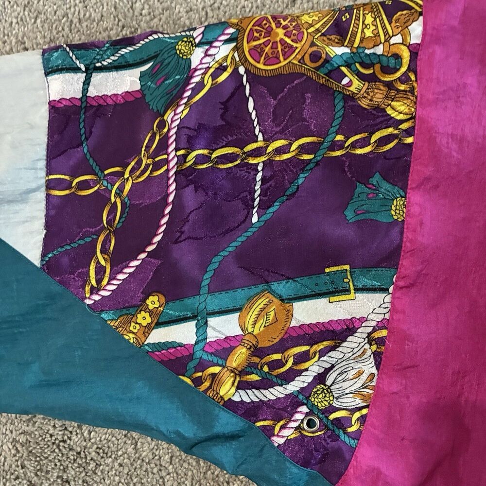 Vintage 80s Color Block Windbreaker Jacket Pink Teal Equestrian Scarf Print Sz L - Picture 7 of 11